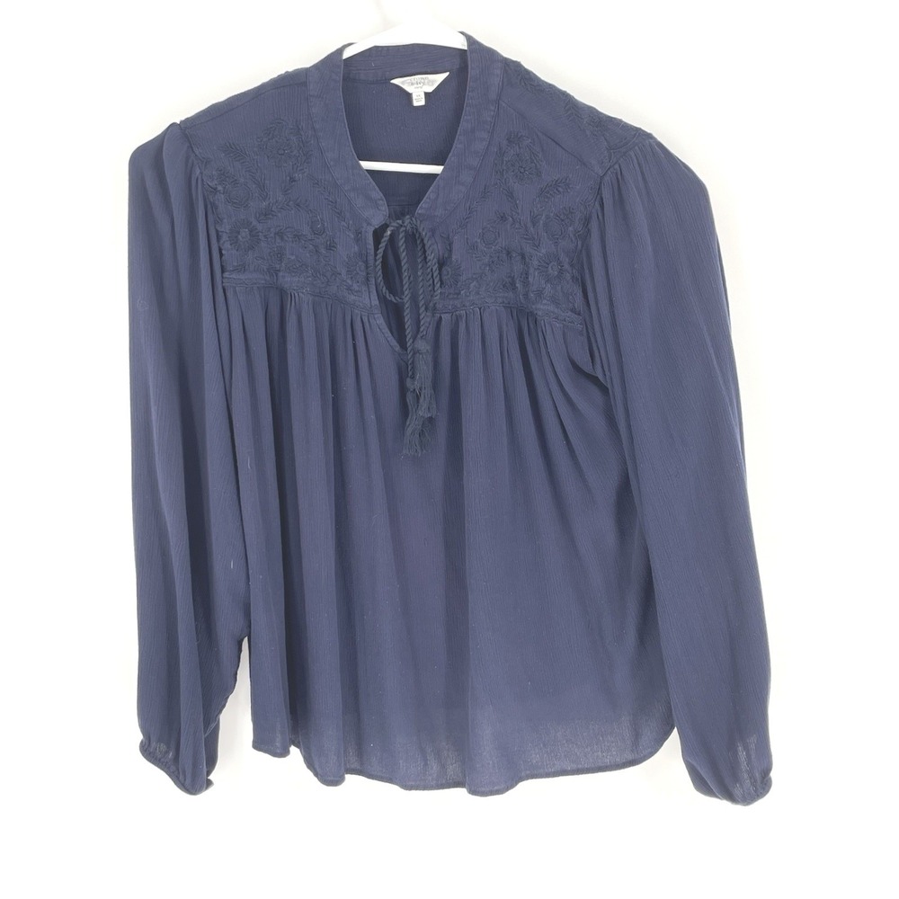 Crown & Ivy Women Plus 3X Novel Navy Embroidered Yoke Tassel Crinkled Swing Top